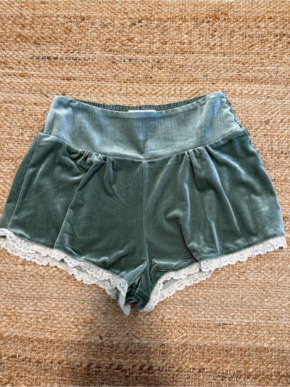 BUCKETLIST Velvet Lace-Trim Sleep Shorts in Sage Green